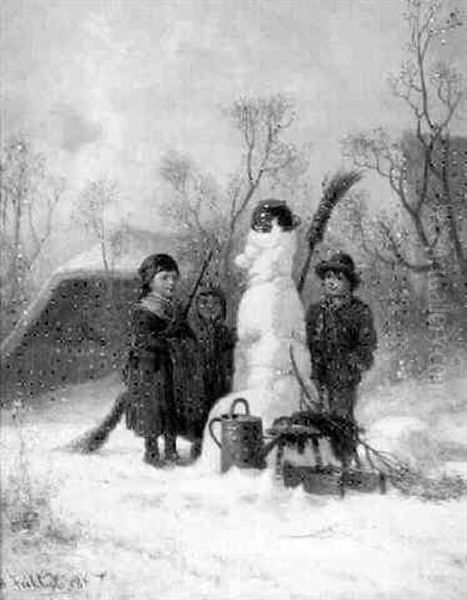 Drei Bauernkinder Bewundern Ihren Schneemann Oil Painting by Bernhard Froehlich