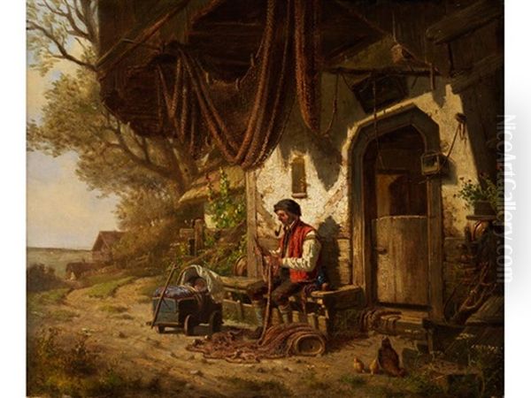 Oberbayerischer Fischer Beim Netzflicken Vor Seinem Haus Oil Painting by Ernst Froehlich