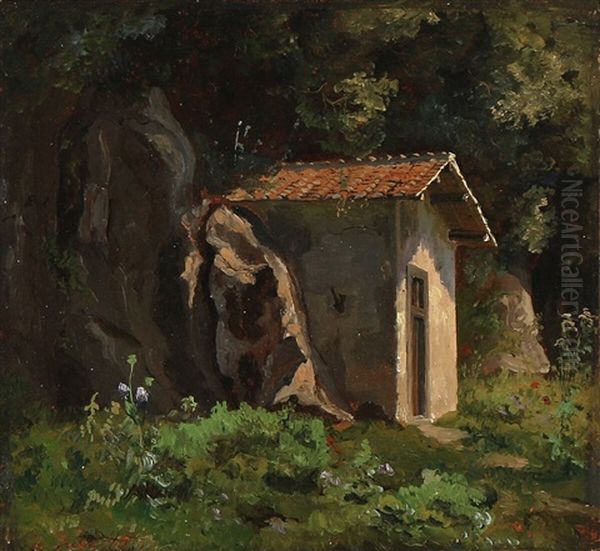 View From Italy With A Small House Built Into A Rockwall Oil Painting by Lorenz Frolich