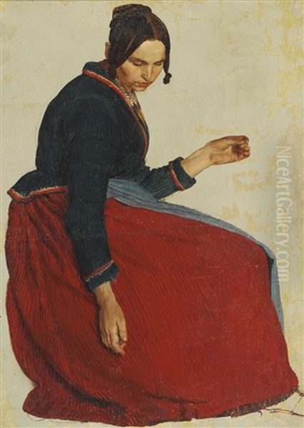 Portrait Of A Woman In A Red Skirt Oil Painting by Lorenz Frolich