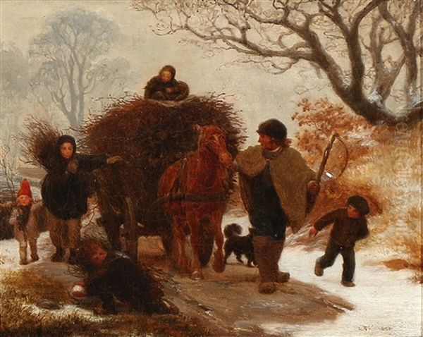 Winter Scene With A Family, And A Horsedrawn Carriage Loaded With Firewood Oil Painting by Lorenz Frolich