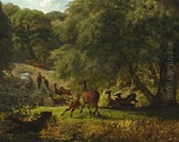 A Herd Of Deer Is Chased By A Dog Oil Painting by Lorenz Frolich