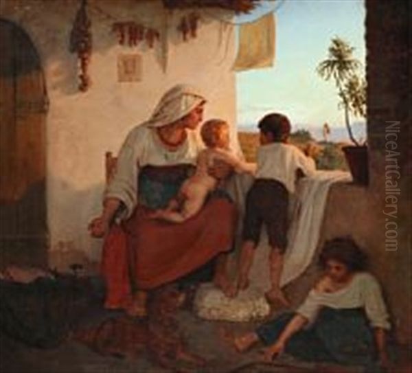 An Italian Woman And Her Children Awaiting The Homecoming Of Husband And Father Oil Painting by Lorenz Frolich