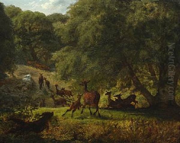 A Herd Of Deer Is Chased By A Dog Oil Painting by Lorenz Frolich