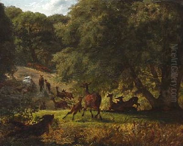 A Dog Scares Deer In The Deer Garden Oil Painting by Lorenz Frolich