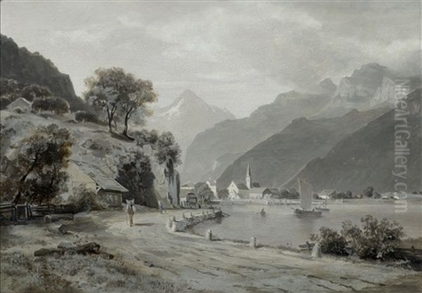 View From Fluelen With The Old Gotthard Road And The Urirotstock In The Background Oil Painting by Otto Froelicher