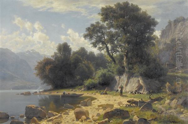 Idyllisches Bergseeufer Mit Bauern Oil Painting by Otto Froelicher