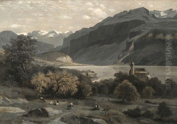 Blick Auf Die Kirche Von Brienz Und Den Brienzersee Oil Painting by Otto Froelicher