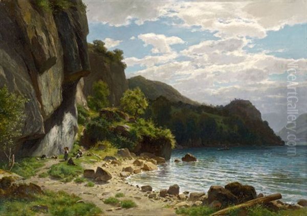 Ziegenhirten Mit Herde Am Seeufer (goatherd With Flock At The Lakeside) Oil Painting by Otto Froelicher