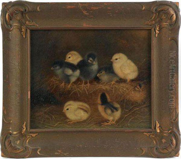 Depicting Eight Chicks In A Nest Oil Painting by Ben Austrian