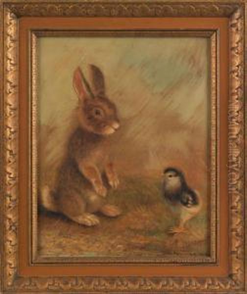 Portrait Of A Rabbit And Chick Oil Painting by Ben Austrian