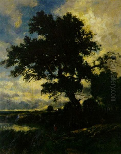 Bewaldete Landschaft Mit Bauerin Am Teich Oil Painting by Otto Froelicher