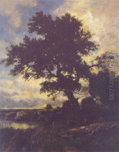 Bewaldete Landschaft Mit Bauerin Am Teich by Otto Froelicher