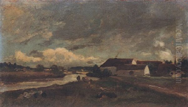 Aarelandschaft Mit Hausern Und Kuhen Oil Painting by Otto Froelicher