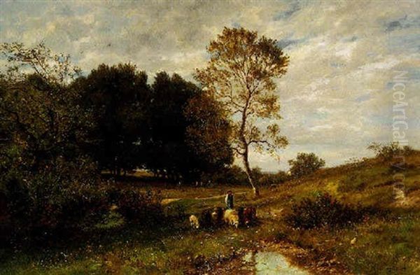 Landschaft Mit Baumen Und Weidenden Schafen Oil Painting by Otto Froelicher