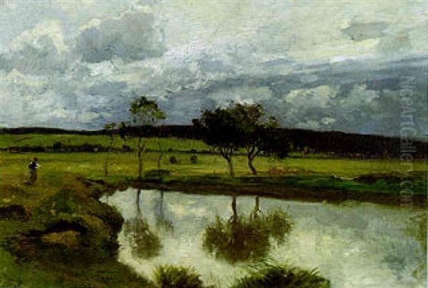 Bei Polling: Baeuerin An Einem Kleinen See Bei Aufziehendem Gewitter Oil Painting by Otto Froelicher