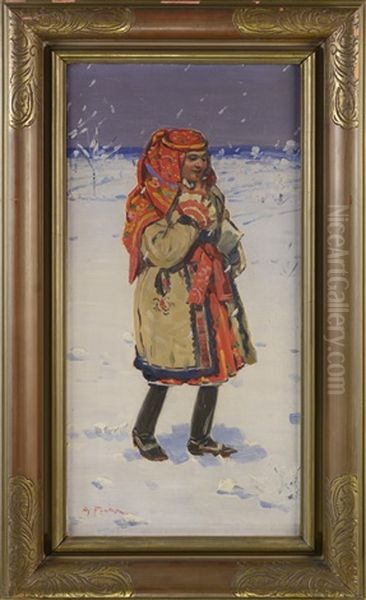 In A Winter Folk Costume Oil Painting by Antos Frolka