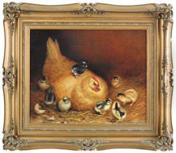 A Hen And Chicks Oil Painting by Ben Austrian