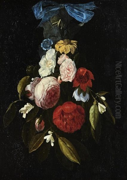 Still-life Of Flowers Hanging From A Blue Ribbon by Hendrik de Fromantiou