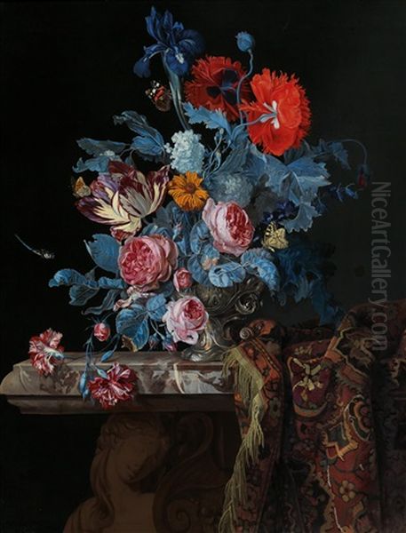 A Still Life With Flowers In A Silver Vase And A Folded Rug Oil Painting by Hendrik de Fromantiou