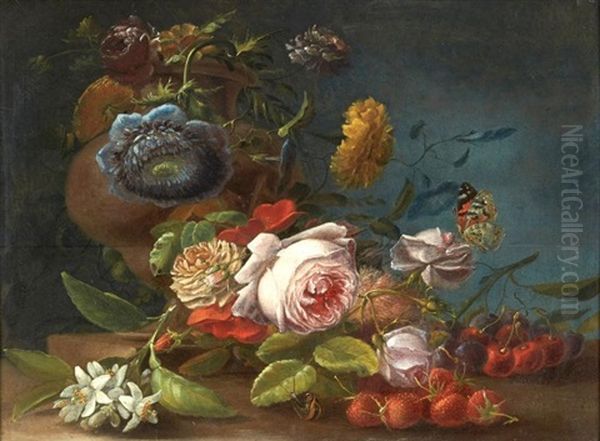 Vade De Fleurs, Fruits Et Insectes Sur Un Entablement Oil Painting by Hendrik de Fromantiou