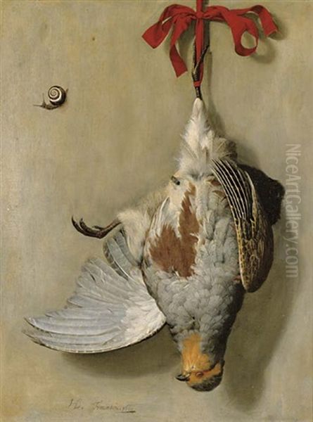 A Trompe L'oeil With A Partridge Hanging From A Red Ribbon, A Fly And A Snail On The Wall Behind Oil Painting by Hendrik de Fromantiou