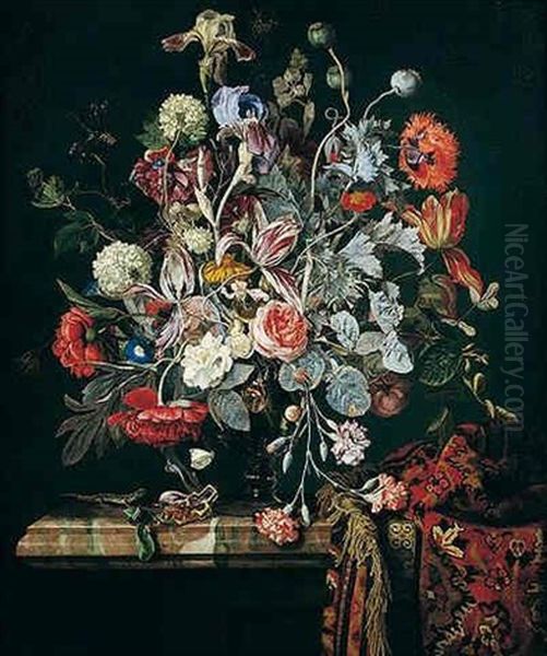 A Still Life Of Flowers In A Glass Vase On A Marble Ledge Partly Draped With A Carpet Oil Painting by Hendrik de Fromantiou