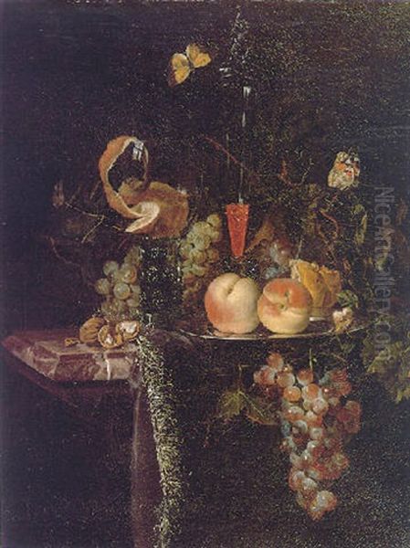 A Still Life Of A Peeled Orange In A Glass Roemer Of White Wine, A Facon De Venise Of Red Wine, Peaches On A Silver Plate, Bread, Grapes, Walnuts And Butterflies Oil Painting by Hendrik de Fromantiou