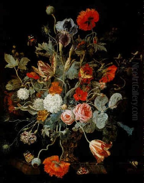 Still Life Of Flowers In A Gilt Vase On A Marble Ledge Oil Painting by Hendrik de Fromantiou