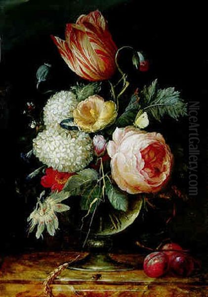 Blumenstauss In Einer Glasvase Mit Insekten Und Pflaumen Auf Einer Marmorplatte Oil Painting by Hendrik de Fromantiou