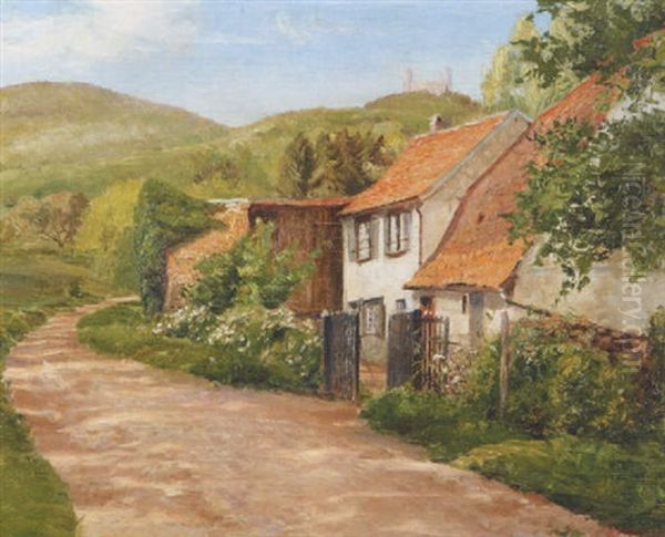 Am Dorfrand Mit Blick Auf Hugelige Landschaft Und Burgruine Oil Painting by Eugene Froment