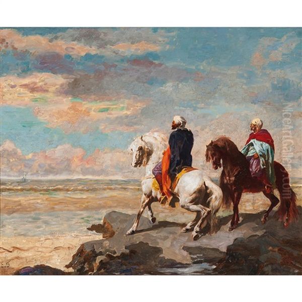 Orientalist Scene With Two Men On Horseback Oil Painting by Eugene Fromentin