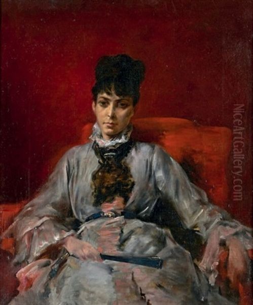 Portrait De Femme En Robe Grise Tenant Un Eventail Oil Painting by Eugene Fromentin