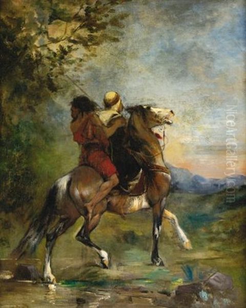 Arab A Cheval Portant En Croupe Un Fou Oil Painting by Eugene Fromentin