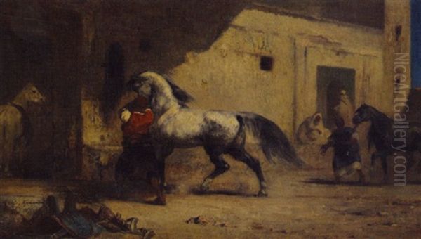 Chevaux Arabes Rentrant A L'ecurie Oil Painting by Eugene Fromentin