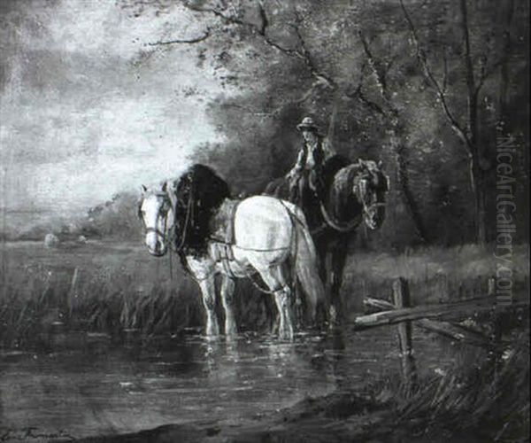 Boy Watering Work Horses Oil Painting by Eugene Fromentin