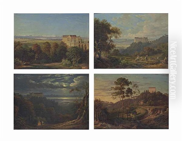 Four Views Of Schloss Heiligenberg (4 Works) Oil Painting by Carl Ludwig Frommel