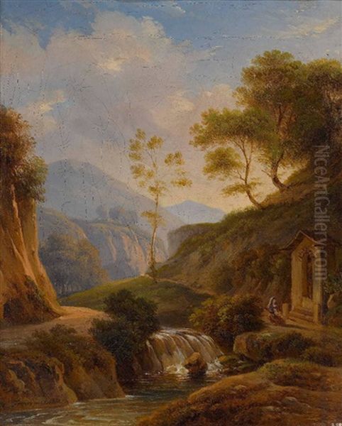 Italienische Landschaft Mit Kleinem Wasserfall Oil Painting by Carl Ludwig Frommel