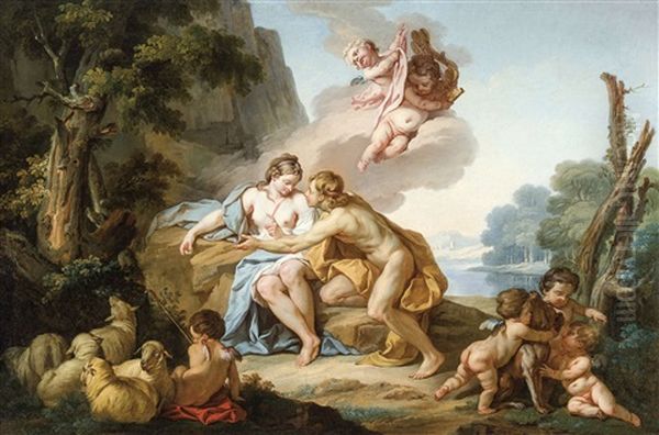 Scene Allegorique Avec Amoureux Et Putti Dans Un Paysage Arcadien Oil Painting by Jean Charles Frontier