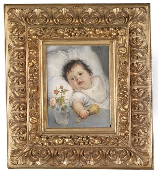 Baby Mit Rassel Und Einer Rose Oil Painting by Carl Froeschl