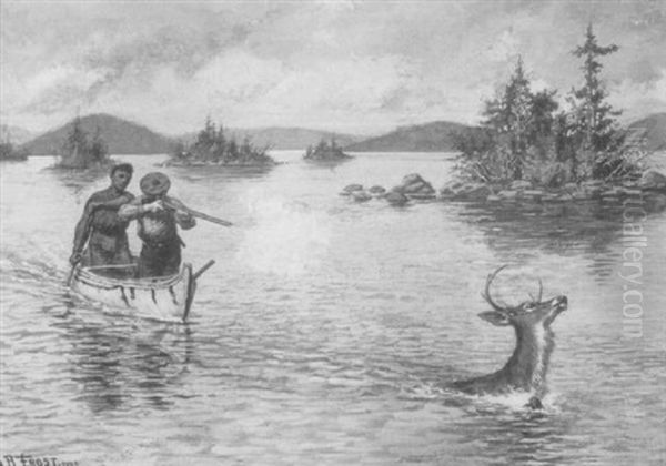 Men Hunting Swimming Deer From Canoe Oil Painting by Arthur Burdett Frost Sr.