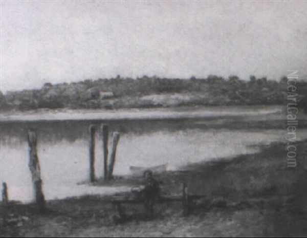 Inlet At Low Tide With Figure Of Seated Man With Basket On Bench Oil Painting by George Albert Frost