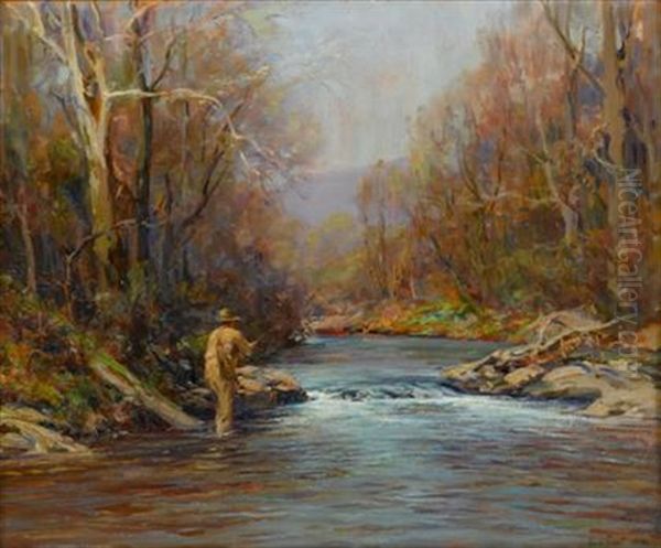 Fly Fisherman On A River Oil Painting by John Frost