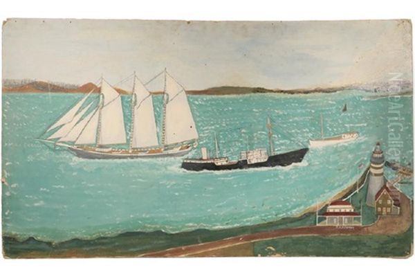 Folk Art View Of Freighter, Trawler And Three-mast Schooner Passing The Marblehead Light, Tug At Dock Oil Painting by John Orne Johnson Frost