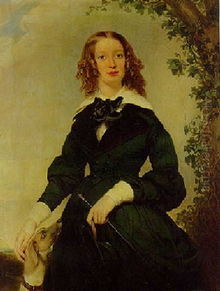 Portrait Of A Lady In A Green Riding Habit, Holding A Crop And Hat, A Greyhound By Her Side Oil Painting by William Edward Frost