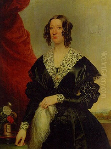 Portrait Of A Lady In A Black Dress With Lace Collar And Cuffs, Standing By A Table, A Landscape Beyond Oil Painting by William Edward Frost