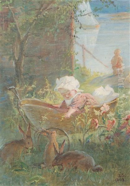 Child And Rabbits Oil Painting by Alexandra Frosterus-Saltin