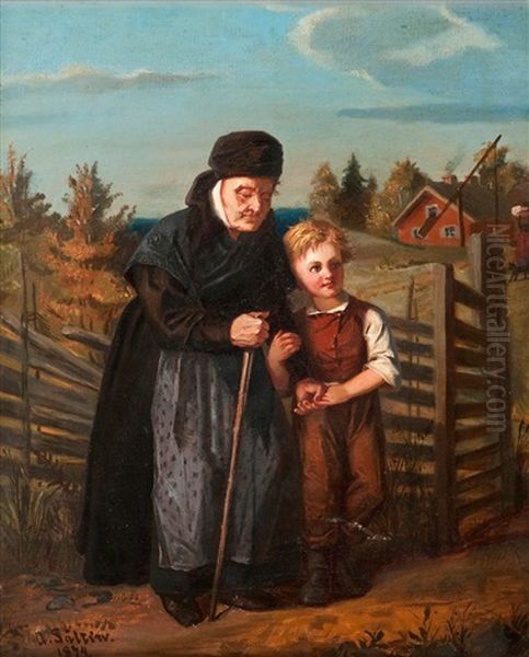 A Boy And His Grandmother Oil Painting by Alexandra Frosterus-Saltin