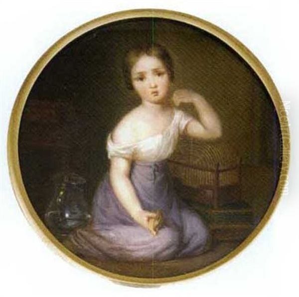 A Young Girl's Grief: A Young Girl Seated Holding A Dead Bird Beside A Birdcage, In An Interior Oil Painting by Carl Fruhwirth