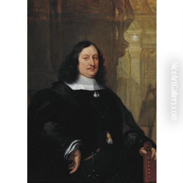 Portrait Of David Teniers Wearing A Black Cloak And White Collar, Resting His Left Hand On A Chair by Philip Fruytiers